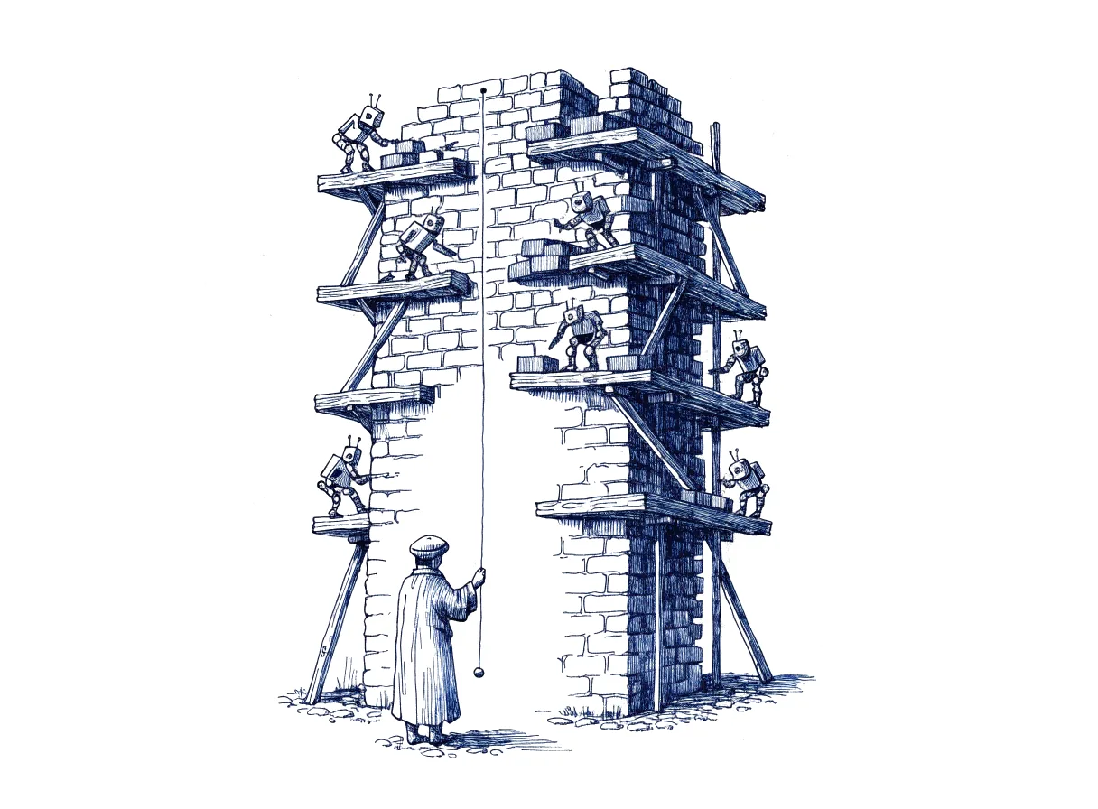 A figure seen from behind, the back of the head showing, stands at the foot of a half-built tower holding up a plumb line, while small robots on the scaffolding each lay bricks on their own section so that the courses no longer line up from one section to the next, the whole scene drawn with wide empty margins on every side.