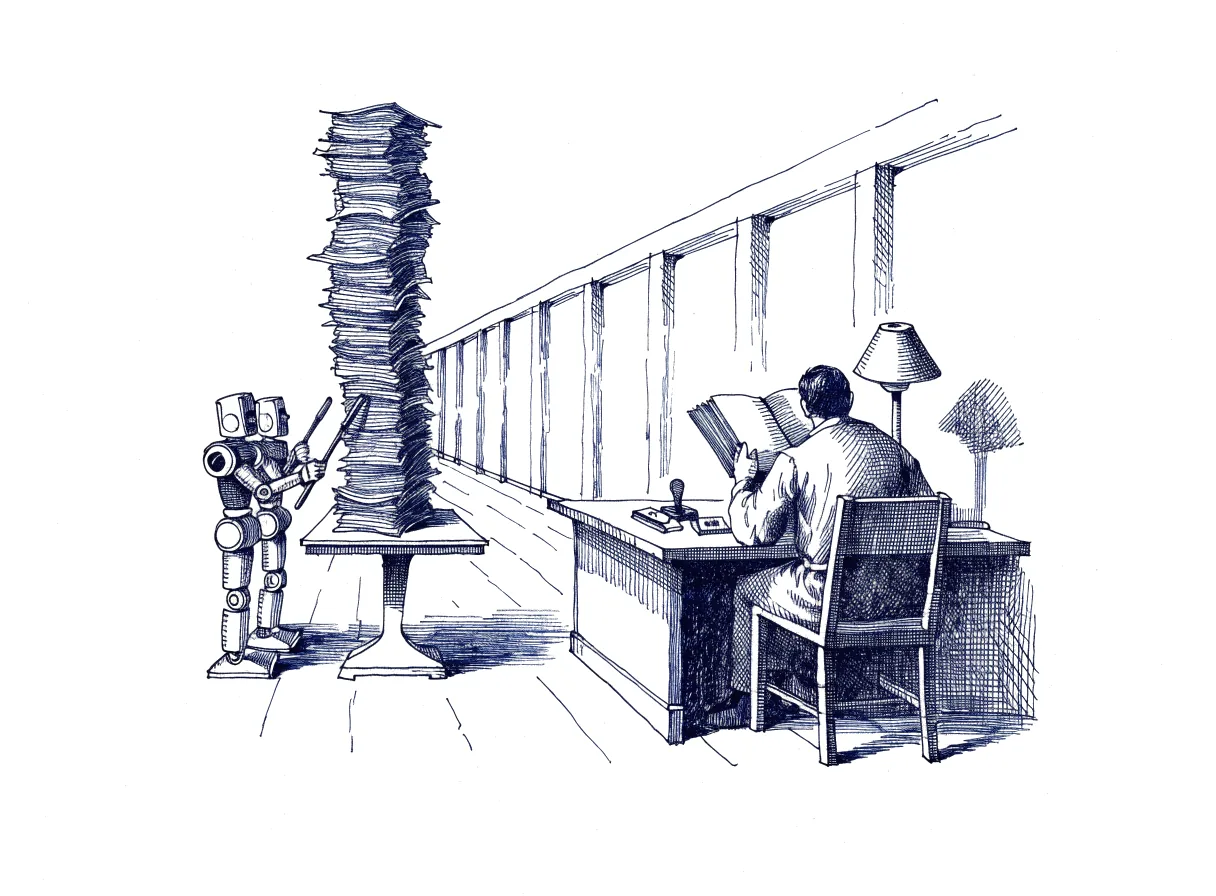 In a long counting-house, two small robots stamp a tall stack of loose papers at a side table, while a clerk seen from behind, the back of the head showing, sits at a lamp-lit desk reading one thick bound folder page by page, with a rubber stamp and an ink pad waiting beside the folder, the whole scene drawn with wide empty margins on every side.