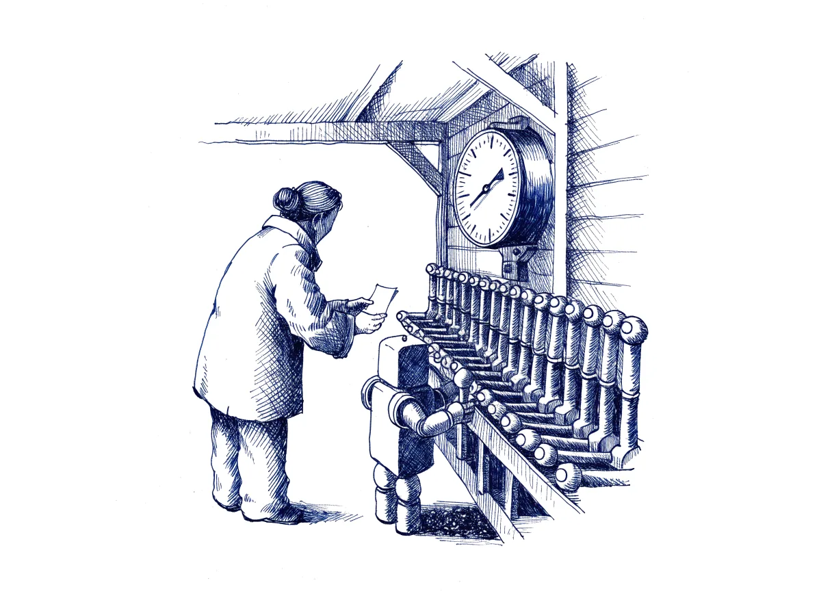 At night in an old railway signal box, an operator seen from behind, the back of the head showing, hands a small signed slip to a small robot standing at one lever in a long row of levers, while a large dial on the wall beside them still points high, the whole scene drawn with wide empty margins on every side.