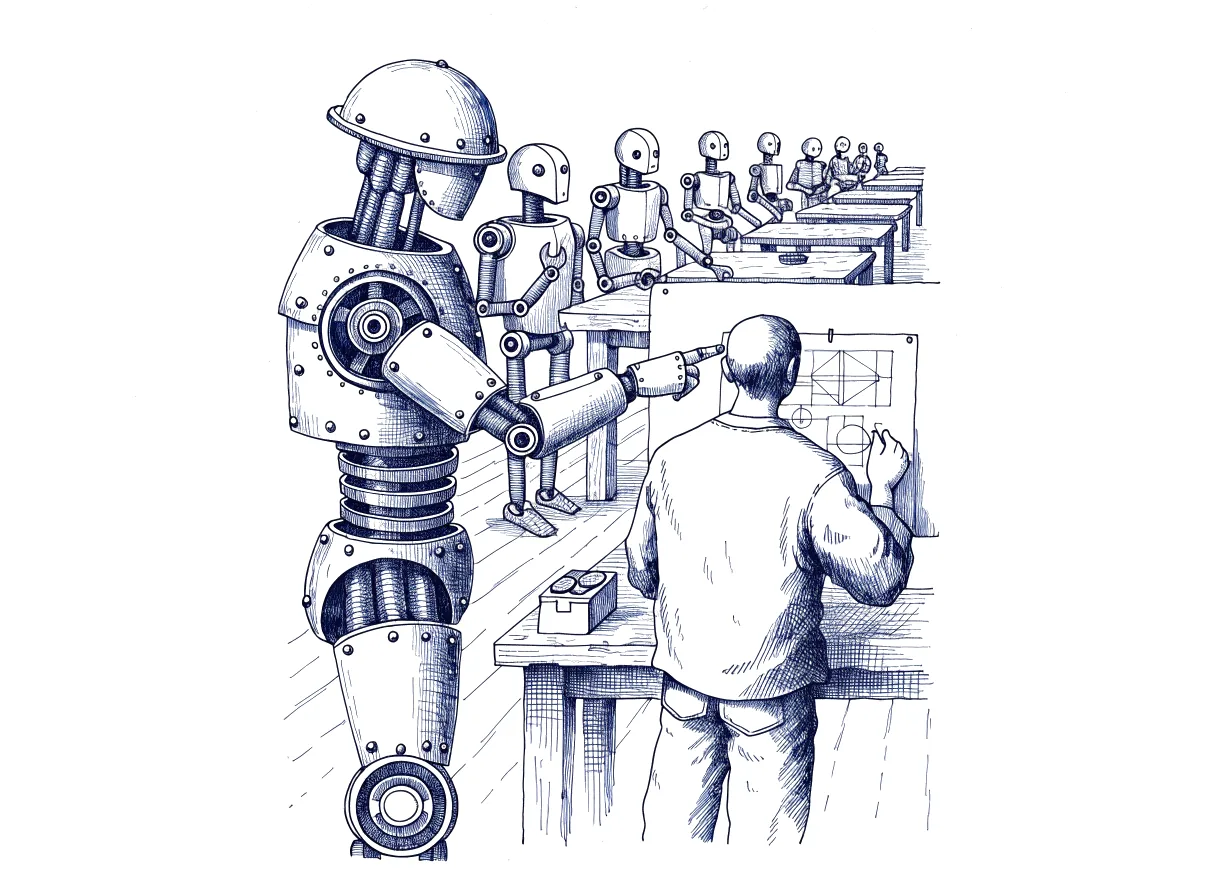 In a large workshop, an engineer seen from behind, the back of the head showing, studies a drawn plan pinned to a board while a tall foreman robot points at it, and seven small robots wait at workbenches holding tools, with a small coin box holding two coins on the nearest bench, the whole scene drawn with wide empty margins on every side.