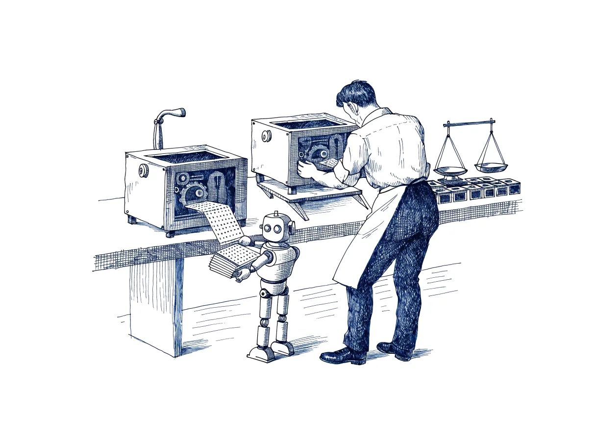 A clerk seen from behind, the back of the head showing, sets a newly arrived brass machine on a trial shelf beside an older one at a long workbench, while a small robot feeds identical punched cards into both and a set of coin scales with a row of small cash boxes stands at the clerk's elbow, the whole scene drawn with wide empty margins on every side.