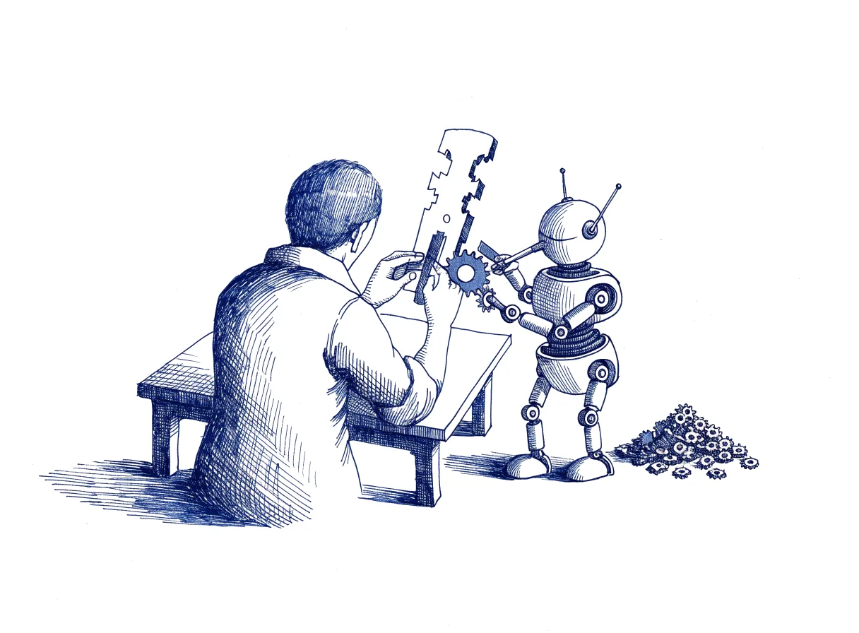 A clockmaker seen from behind, the back of the head showing, sets a brass gauge with cut notches on a workbench, while a small robot files a gear and tries it against the gauge again and again, a small pile of rejected gears growing beside it, the whole scene drawn with wide empty margins on every side.