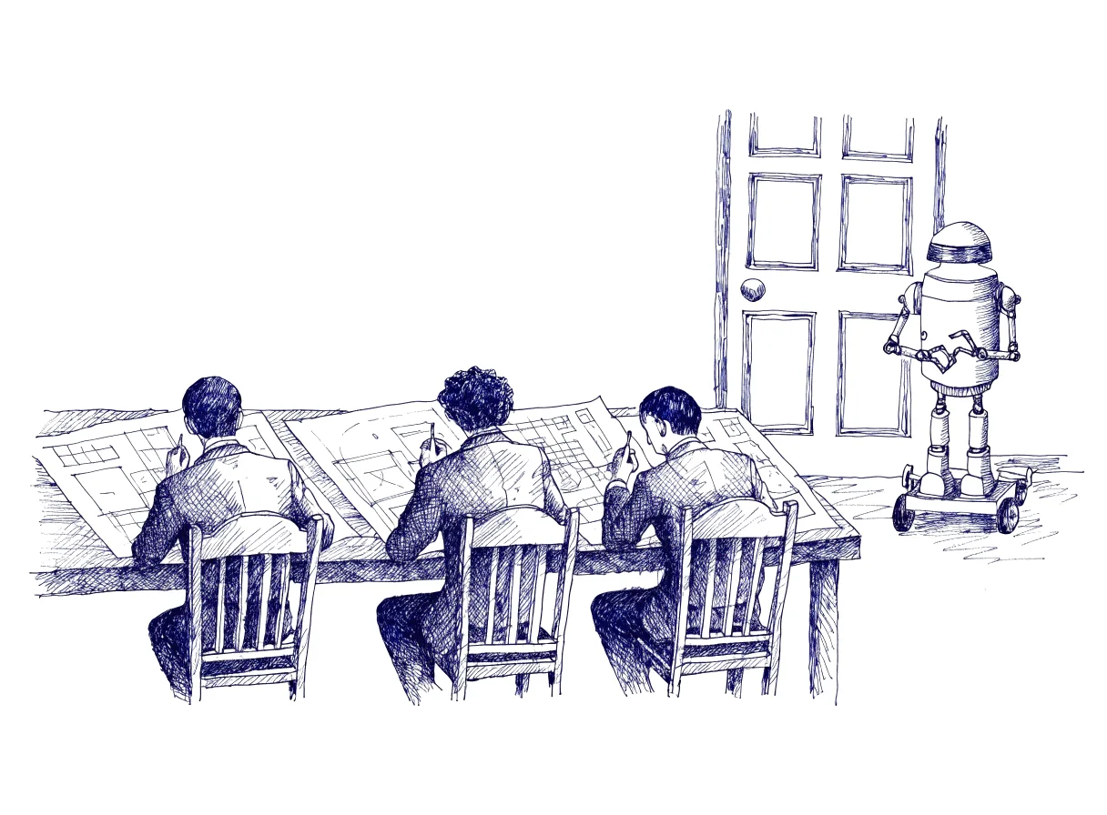 Three lawyers seen from behind, the backs of their heads showing, mark up long technical drawings by hand with pens at a wooden table, while the small drafting robot they worked with for months stands idle on a trolley by the door, its arms folded, the whole scene drawn with wide empty margins on every side.