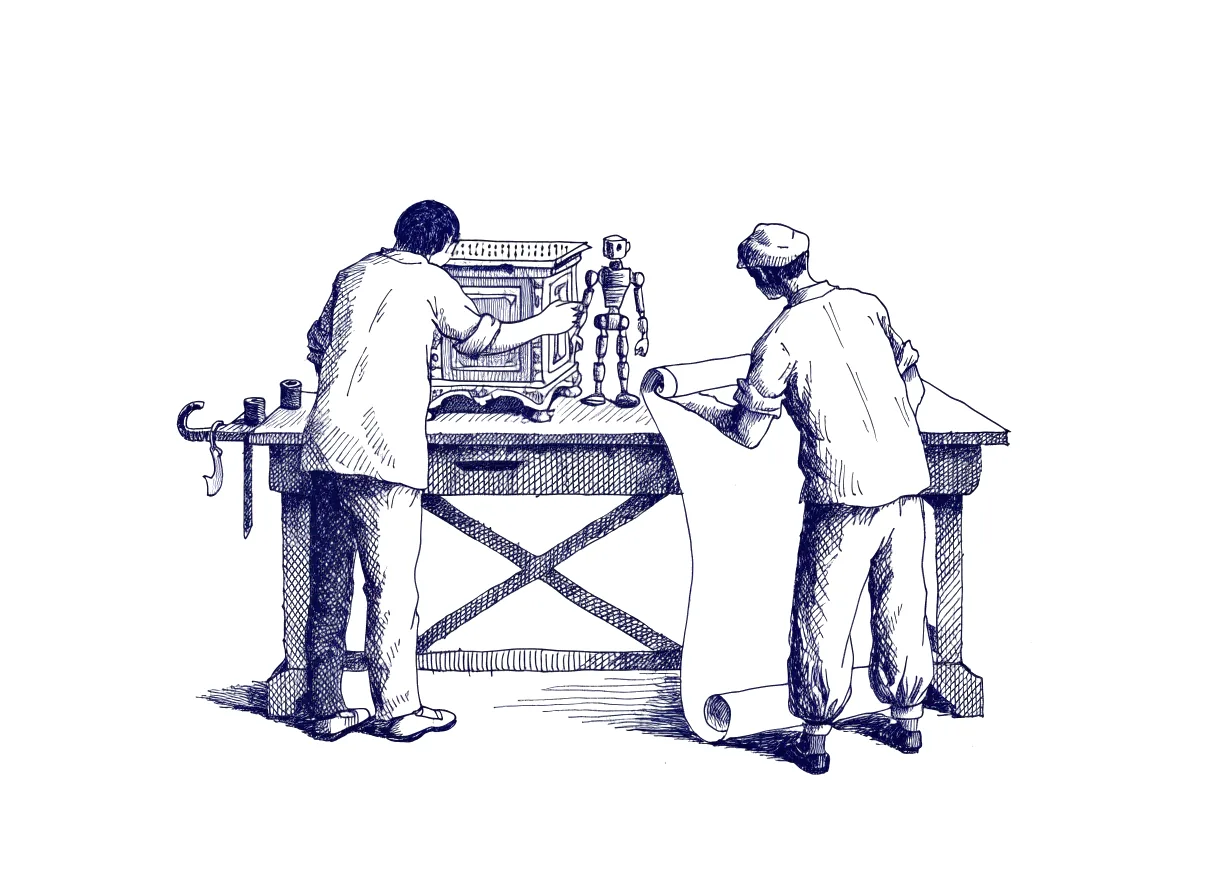 A client seen from behind, the back of the head showing, sets a toy-sized painted cabinet on a carpenter's workbench, with the small robot that built it standing beside it, while the carpenter, also seen from behind, unrolls a sheet of drawing paper that is still blank, the whole scene drawn with wide empty margins on every side.