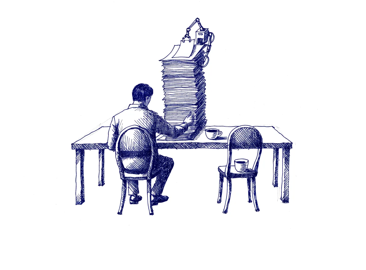 A researcher seen from behind, the back of the head showing, sits alone at a long desk correcting a tall stack of pages that a small robot at the end of the desk keeps adding to, while the chair across the desk stands empty with a second cup set before it, the whole scene drawn with wide empty margins on every side.