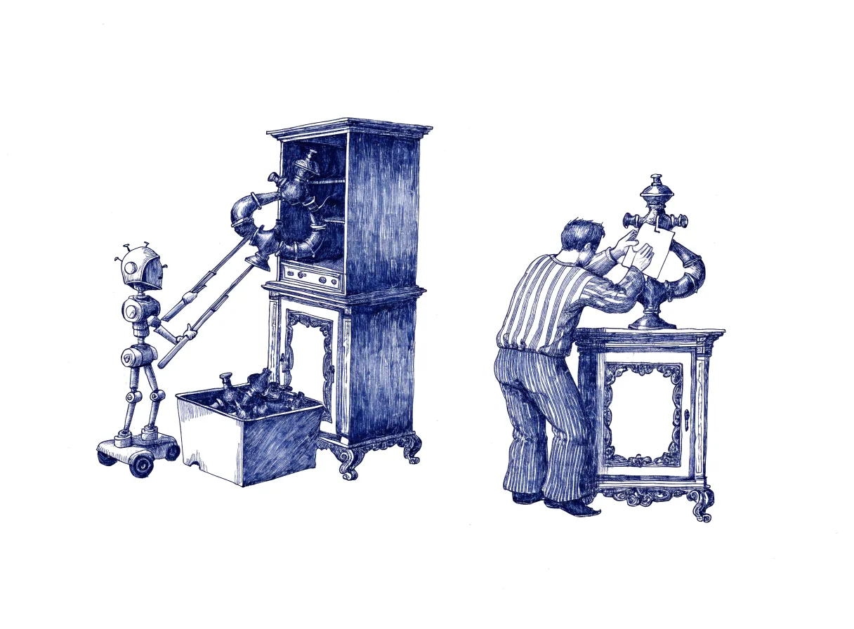 A small robot inspector with long tongs lifts an odd brass fitting out of a finely made cabinet and drops it into a scrap bin, while a cabinetmaker seen from behind, the back of the head showing, ties a blank paper tag to the matching fitting on a second cabinet nearby, the whole scene drawn with wide empty margins on every side.