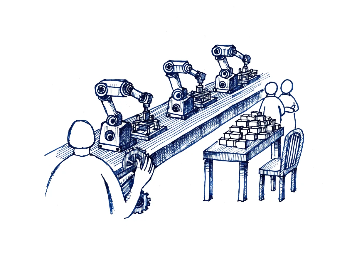 A workshop hand seen from behind, the back of the head showing, directs three small robots working at once along a long workbench, and their finished boxes pile up on an inspection table whose chair stands empty, while two figures seen from behind wait beside the pile with their arms folded, the whole scene drawn with wide empty margins on every side.