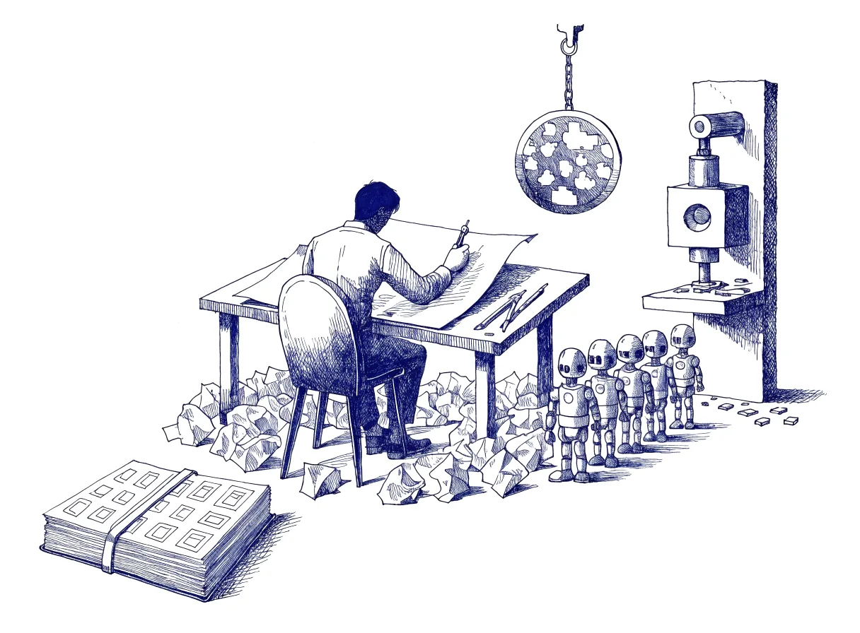 A draughtsman seen from behind, the back of the head showing, sketches at a drafting table ringed by crumpled discarded sketches, while a row of small robots waits beside a press that stamps parts, drawings and a bound manual from one brass master template, the whole scene drawn with wide empty margins on every side.