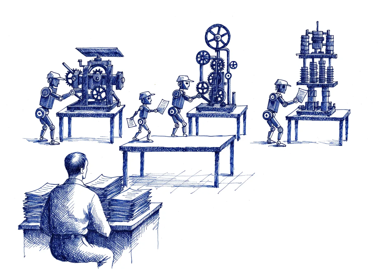 A foreman seen from behind, the back of the head showing, sits at a desk piled high with papers, while beyond it a small robot at a central table hands out folded notes, three more robots each build a different whole machine at their own benches, and a messenger robot carries a note between two benches, the whole scene drawn with wide empty margins on every side.