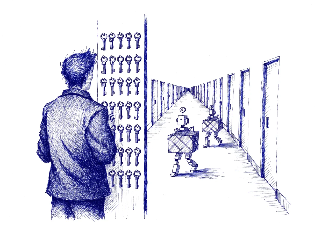 A figure seen from behind, the back of the head showing, stands at a tall wooden board of hooks where one key hangs for each door along a corridor, while two small robots carry parcels down the corridor and each door opens only where its matching key hangs, the whole scene drawn with wide empty margins on every side.