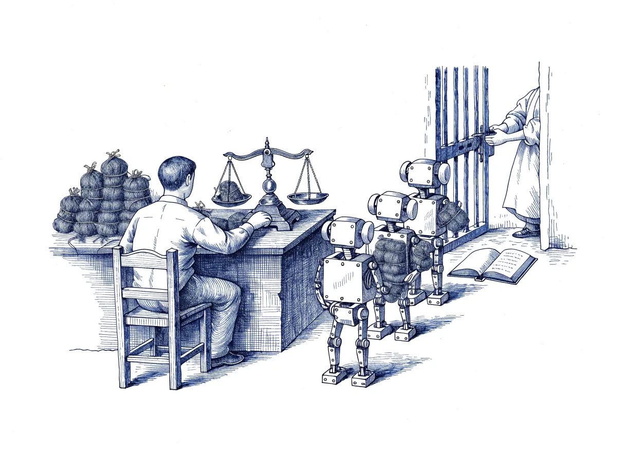 A clerk seen from behind, the back of the head showing, sits at a counting desk weighing small bundles of finished work on a brass scale, while three small robots queue with more bundles and an open account book lies beside a gate where a second figure, also seen from behind, holds the latch, the whole scene drawn with wide empty margins on every side.