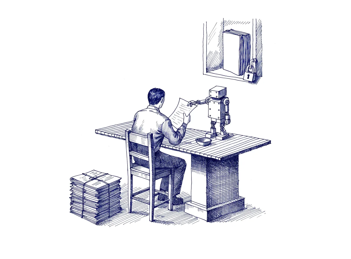 A clerk seen from behind, the back of the head showing, sits at a high desk reading a single half-page sheet held out by a small robot, while a tall stack of paper tied with string waits unopened on the floor and a locked glass cabinet on the wall holds a rule book, the whole scene drawn with wide empty margins on every side.