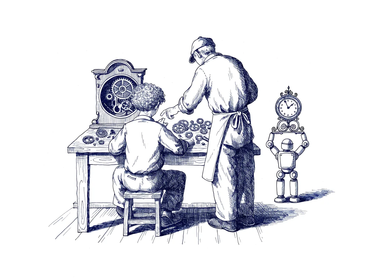 A young apprentice seen from behind, the back of the head showing, sits at a workbench beside a half-dismantled clock while a small robot holds out a finished clock, and an older craftsman, also seen from behind, leans over the apprentice's shoulder and points at the loose gears, the whole scene drawn with wide empty margins on every side.
