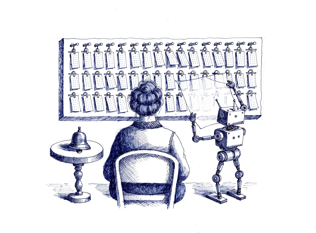 A figure seen from behind, the back of the head showing, sits before a wall calendar of wooden pegs and hanging cards, while a small robot holds a sheet of tracing paper against the calendar to show where one meeting card would move, and a small brass bell for calling the other attendees stands unrung, the whole scene drawn with wide empty margins on every side.