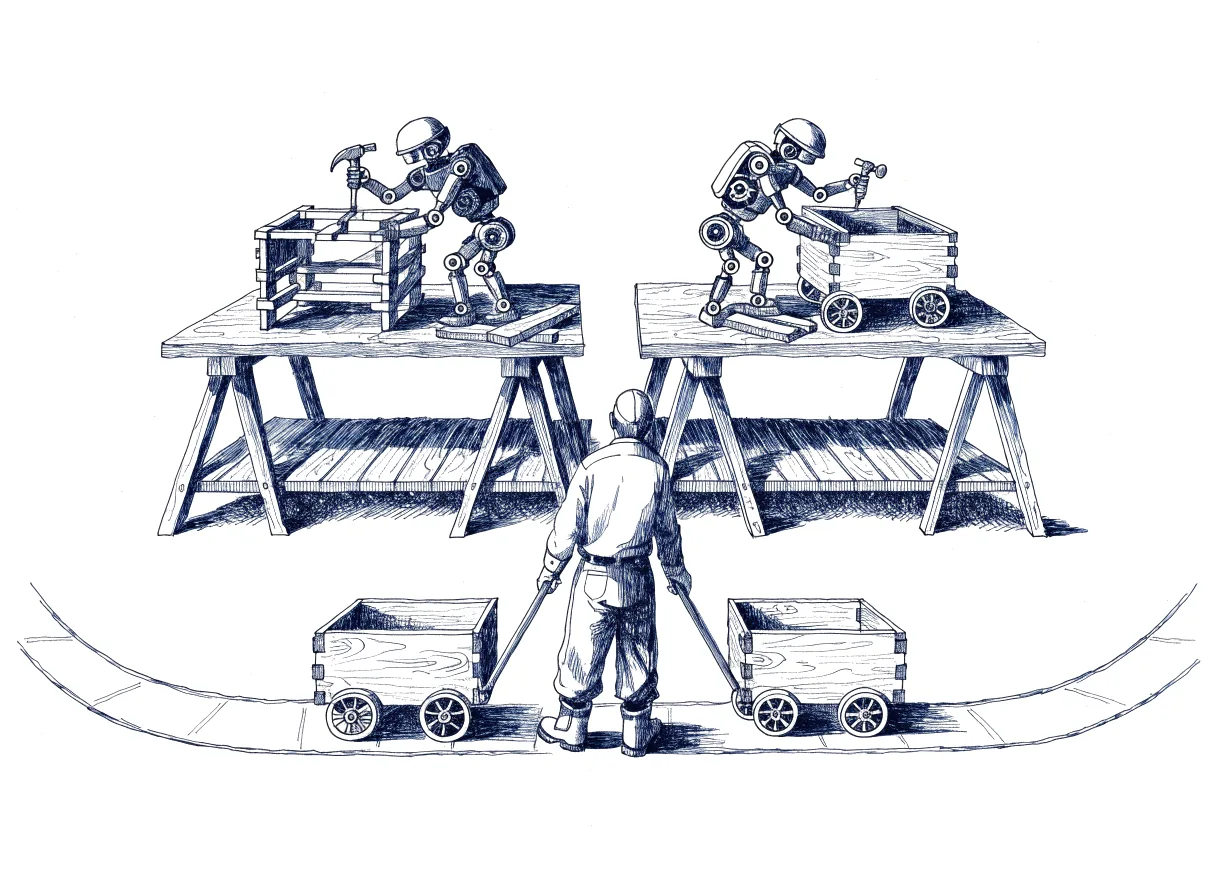 Two small robots work at twin workbenches set side by side, each building the same small wooden shop cart in a different joinery style, while an engineer seen from behind, the back of the head showing, rolls both finished carts along one shared test track chalked on the workshop floor, the whole scene drawn with wide empty margins on every side.