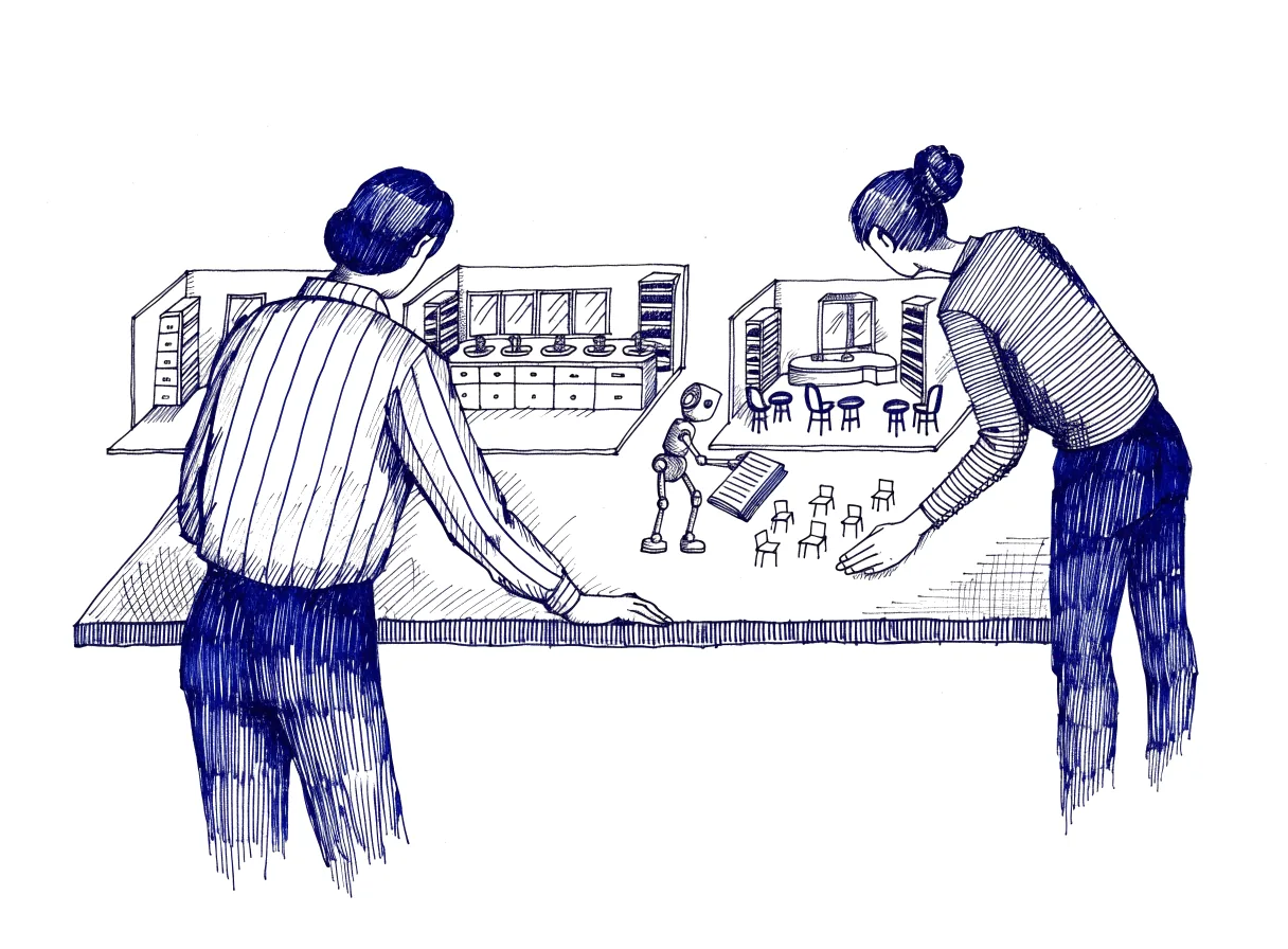 A designer seen from behind, the back of the head showing, stands at a drafting table where three paper models of a hair salon sit side by side, while a small robot sets tiny empty chairs and a closed appointment book beside one of them, and a second figure, also seen from behind, leans in to compare them, the whole scene drawn with wide empty margins on every side.