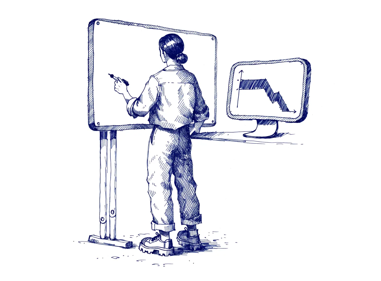 An engineer seen from behind stands at a whiteboard after an incident, a rollback graph on a monitor beside her and a blank space where the explanation should be written, the whole scene drawn with wide empty margins on every side.