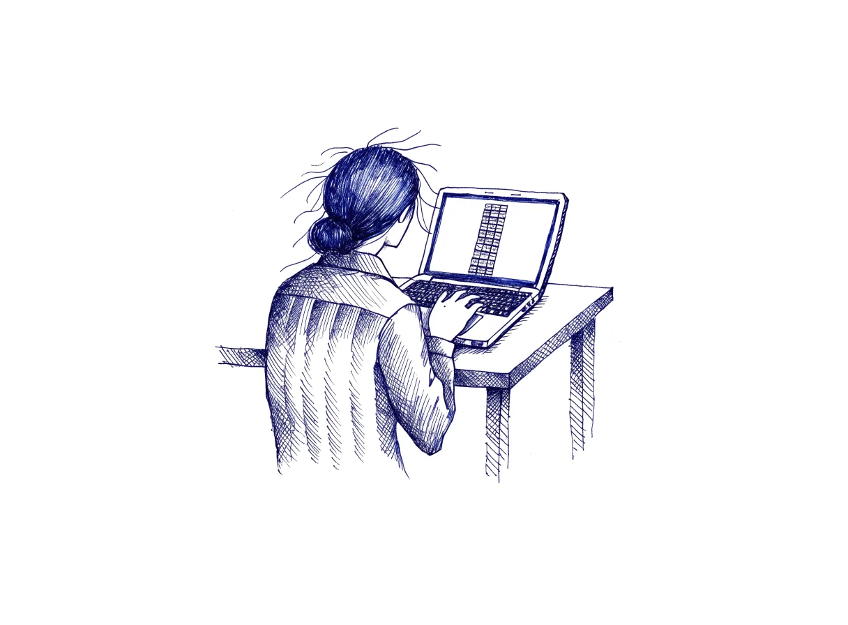 A person seen directly from behind, only the back of the head and the shoulders showing, sits at a desk before a laptop whose screen shows a long column of identical small boxes, one hand resting on the trackpad, the whole scene drawn with wide empty margins on every side.