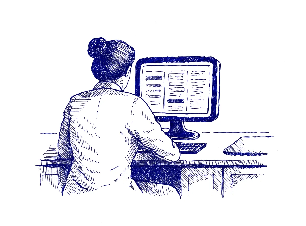 An administrator seen from behind, reading highlighted changes on a monitor, the whole scene drawn with wide empty margins on every side.