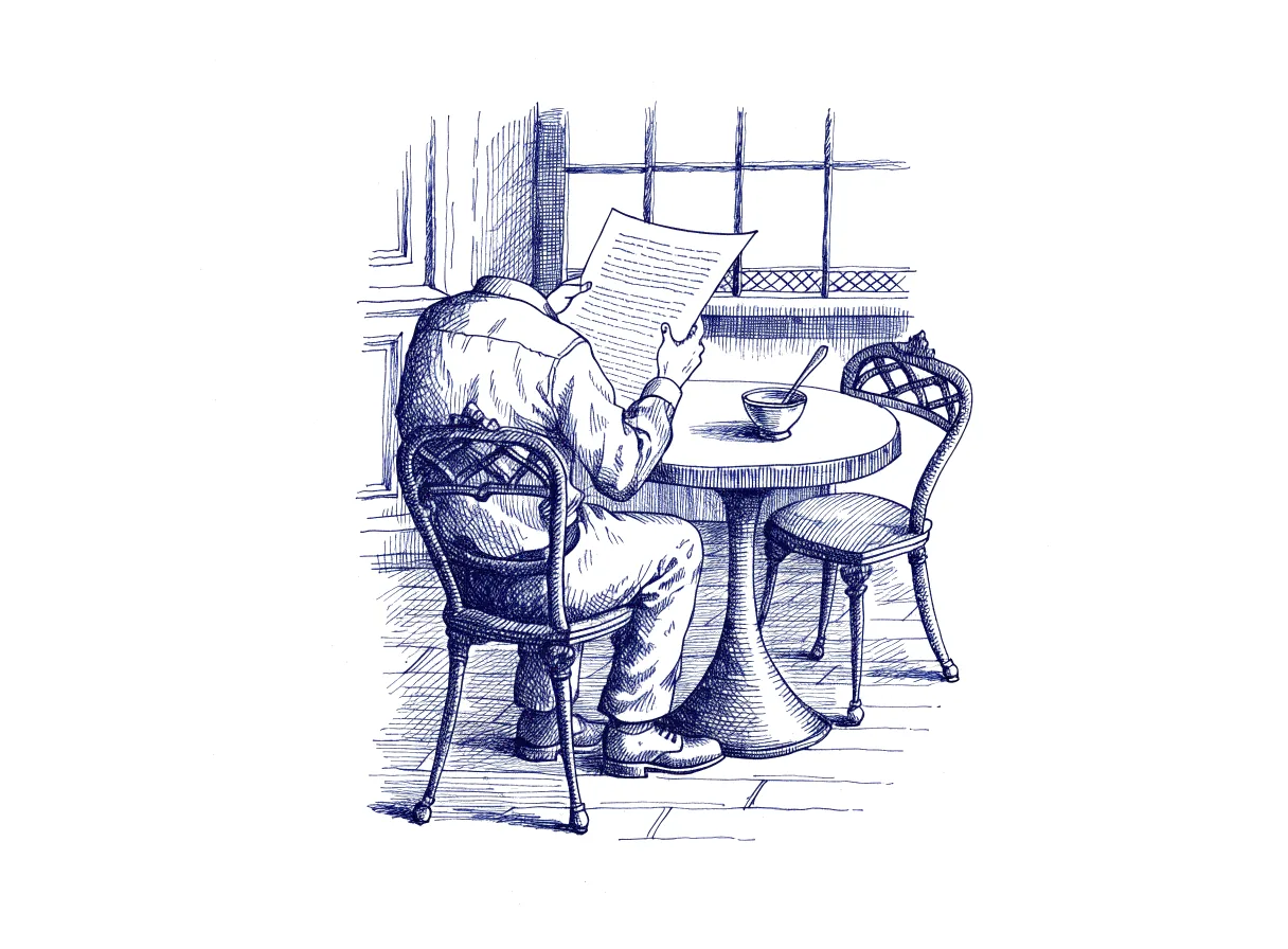 A reader seen from behind at a café table with a printed report, the whole scene drawn with wide empty margins on every side.