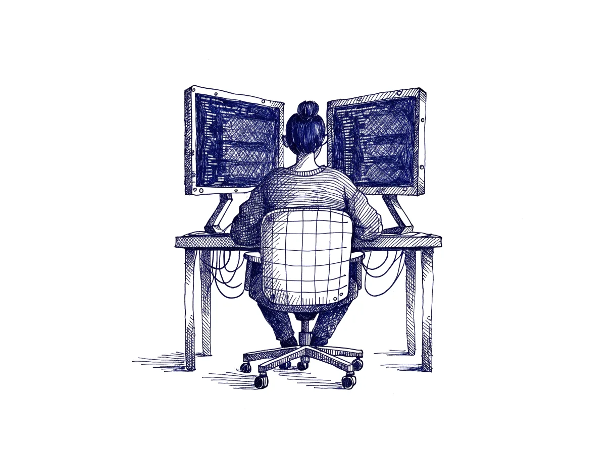 A developer seen from behind at night before two screens of commands and charts, the whole scene drawn with wide empty margins on every side.