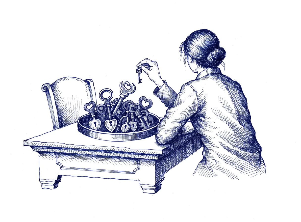 A person seen from behind at a desk, holding one small key above a tray heaped with old keys and padlocks, the whole scene drawn with wide empty margins on every side.