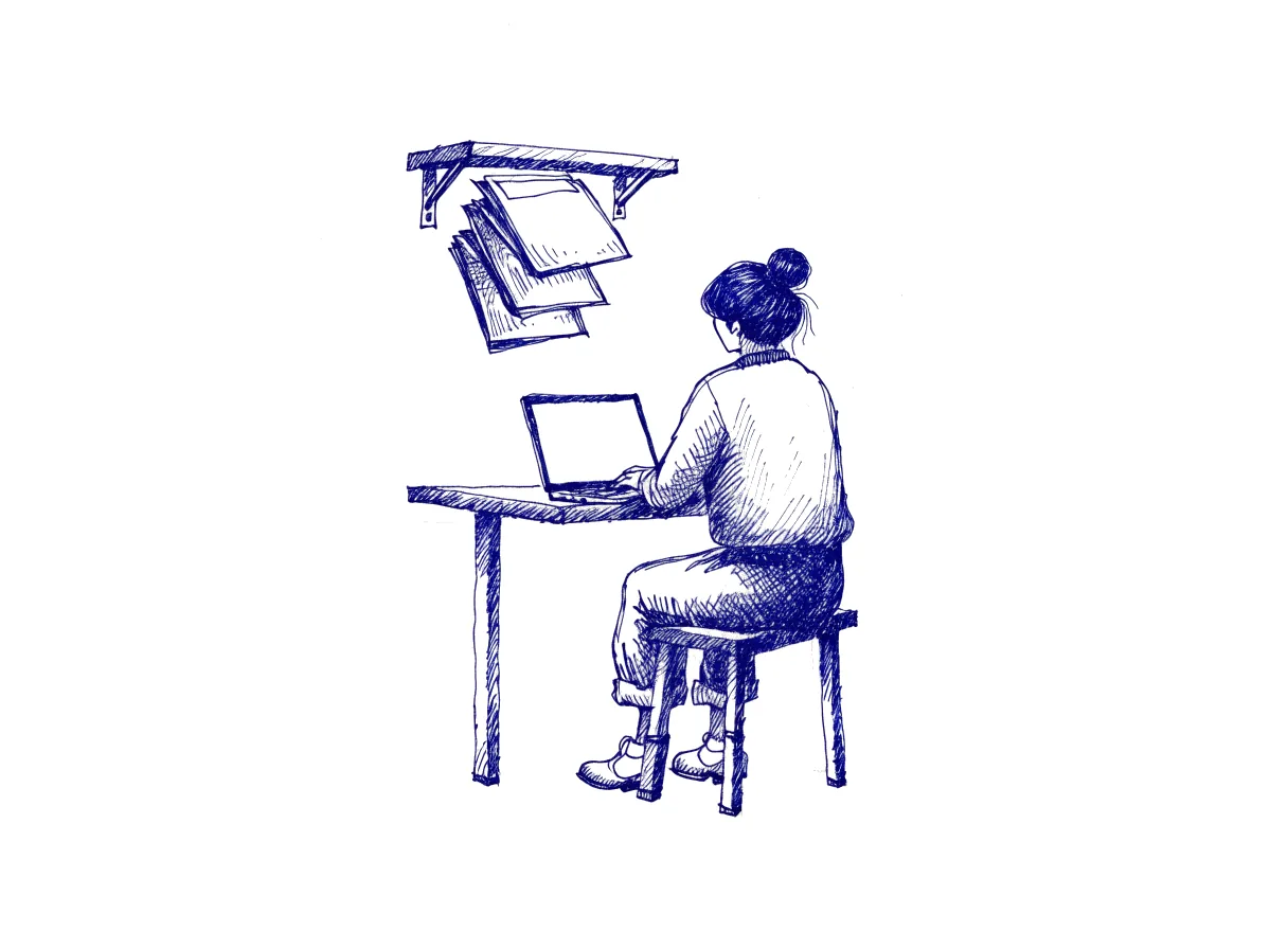 A person seen from behind at a laptop, unlabelled folders sliding off a shelf, the whole scene drawn with wide empty margins on every side.