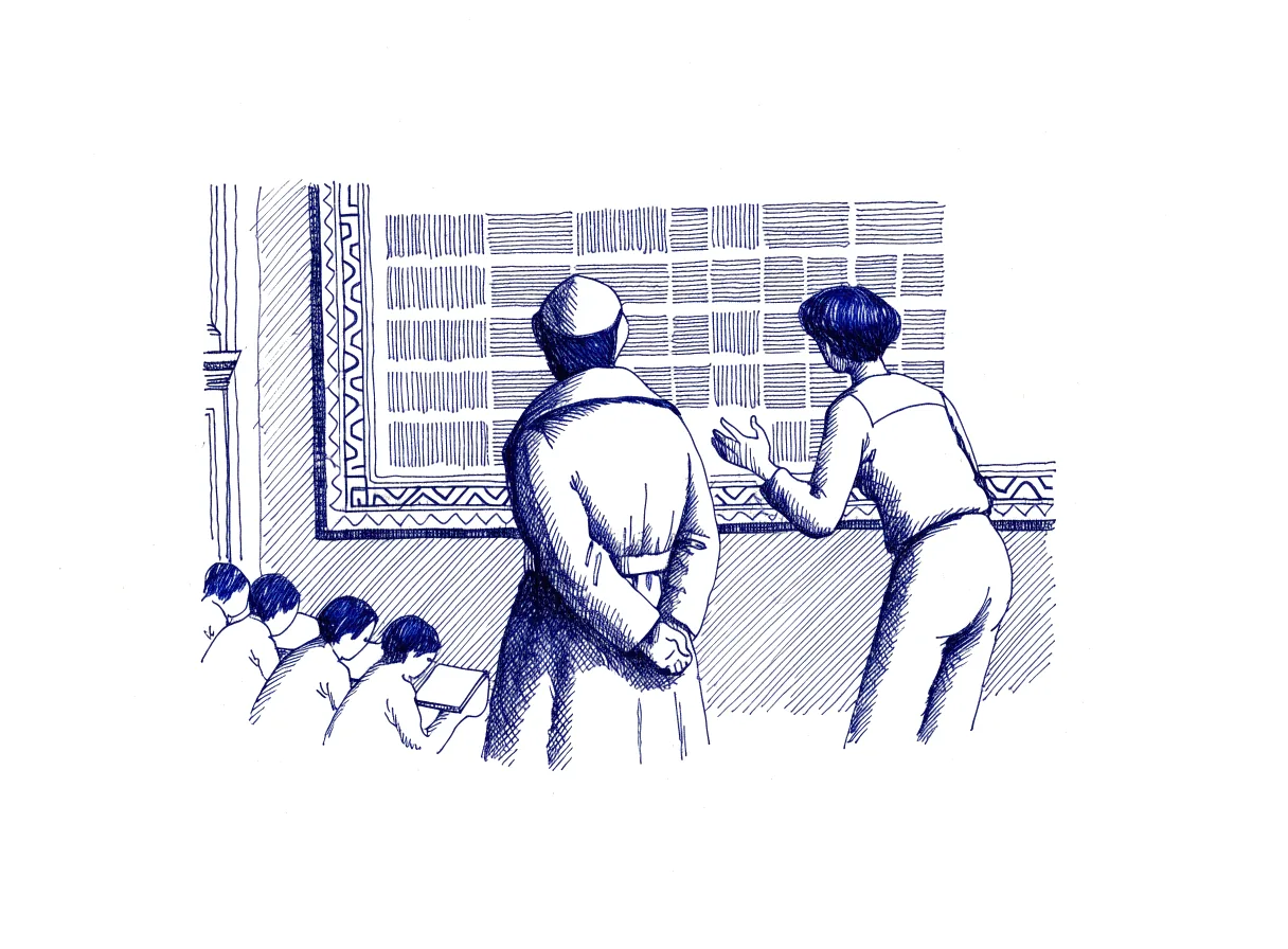 Two people seen from behind at a wall chart of colour swatches, small silhouettes copying it, the whole scene drawn with wide empty margins on every side.