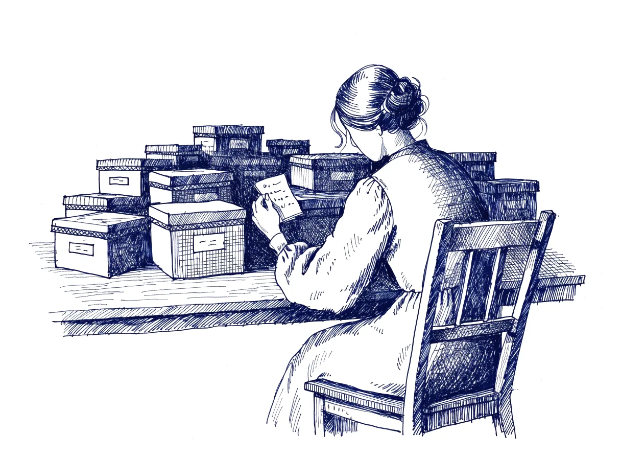 A person seen from behind at a table of labelled boxes, adding notes to one, the whole scene drawn with wide empty margins on every side.