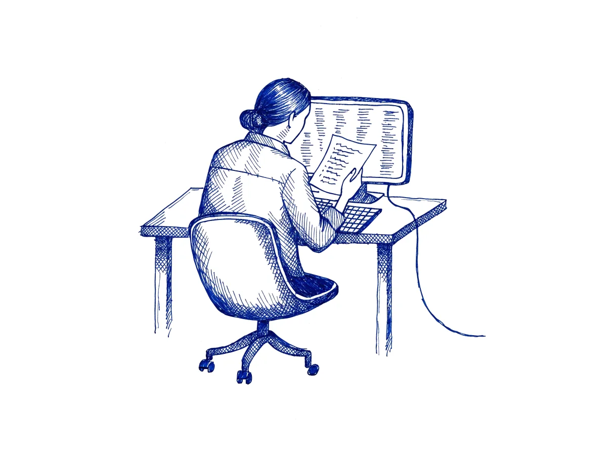 A person seen from behind at a desk, holding a handwritten list beside a screen of code, the whole scene drawn with wide empty margins on every side.
