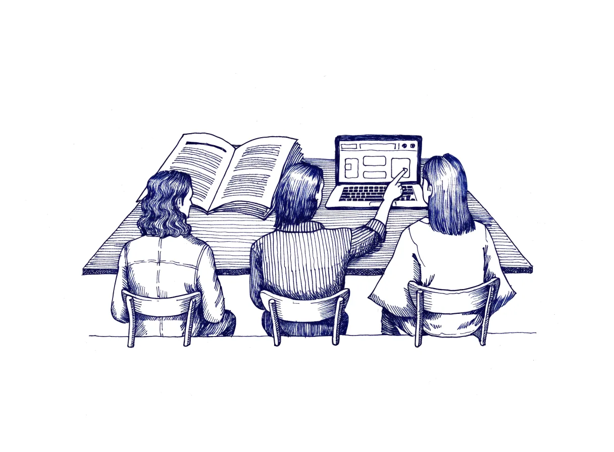 Three colleagues seen from behind at a long desk, one pointing at a laptop showing a clickable website prototype while a thick printed specification lies open beside it, the whole scene drawn with wide empty margins on every side.