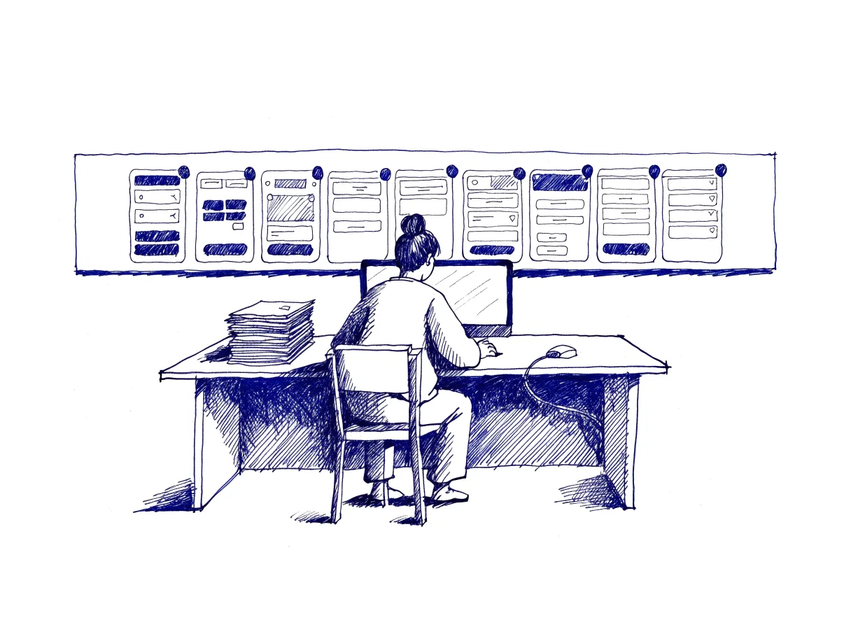 A designer seen from behind at a wide wall screen showing ten different prototype screens side by side with small comment pins on them, a stack of handoff documents on the desk, the whole scene drawn with wide empty margins on every side.