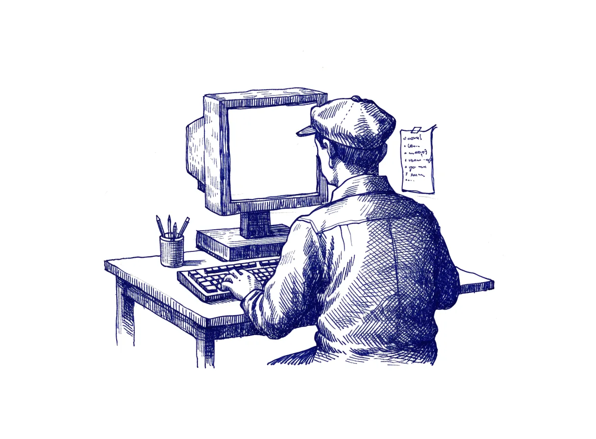 An engineer seen from behind at a desk, one hand on the keyboard and a short handwritten list of small requests taped beside the monitor, the whole scene drawn with wide empty margins on every side.