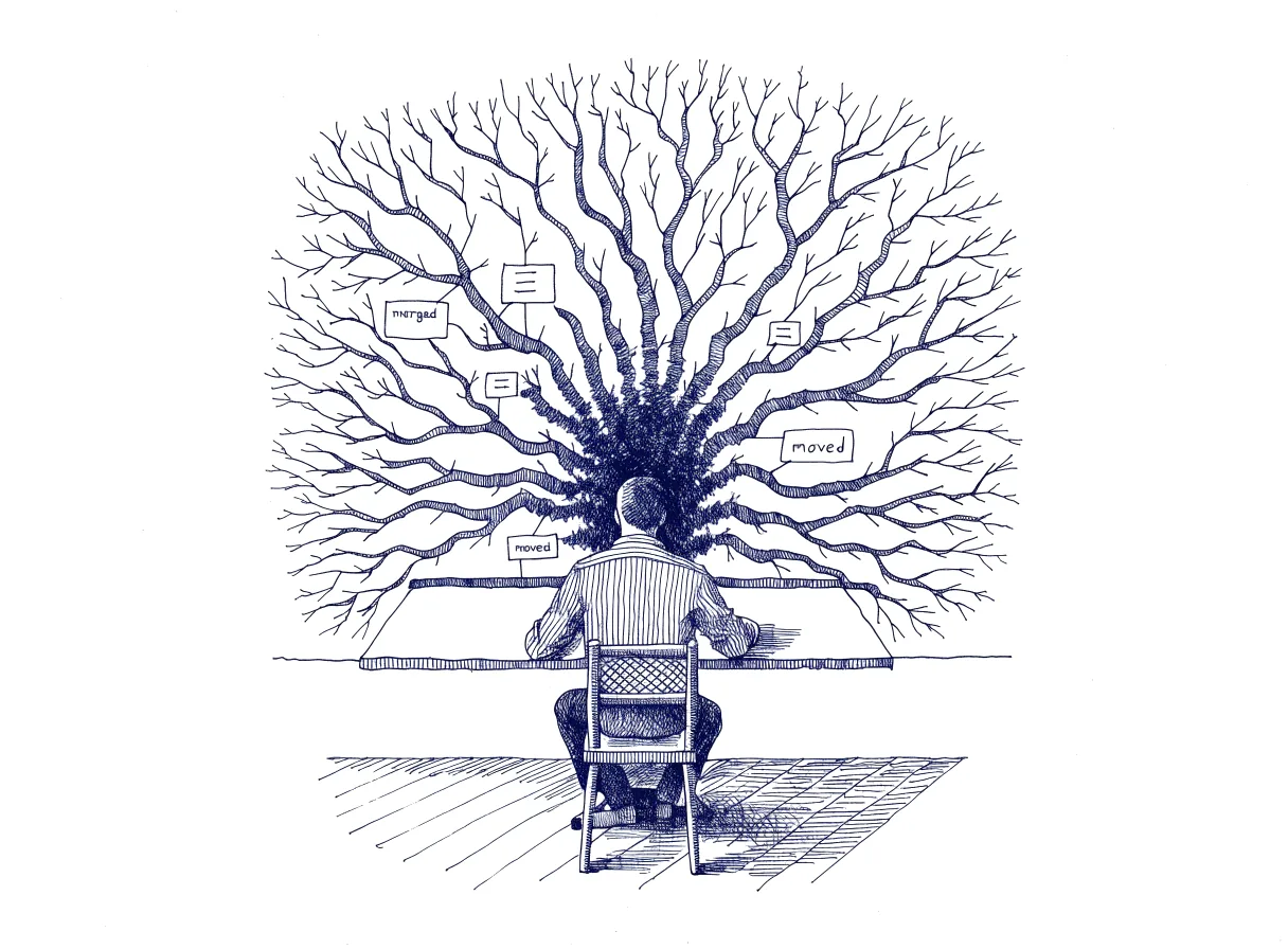 A product manager seen from behind at a large screen showing a branching tree diagram, a few branches highlighted with small labels reading merged and moved, the whole scene drawn with wide empty margins on every side.