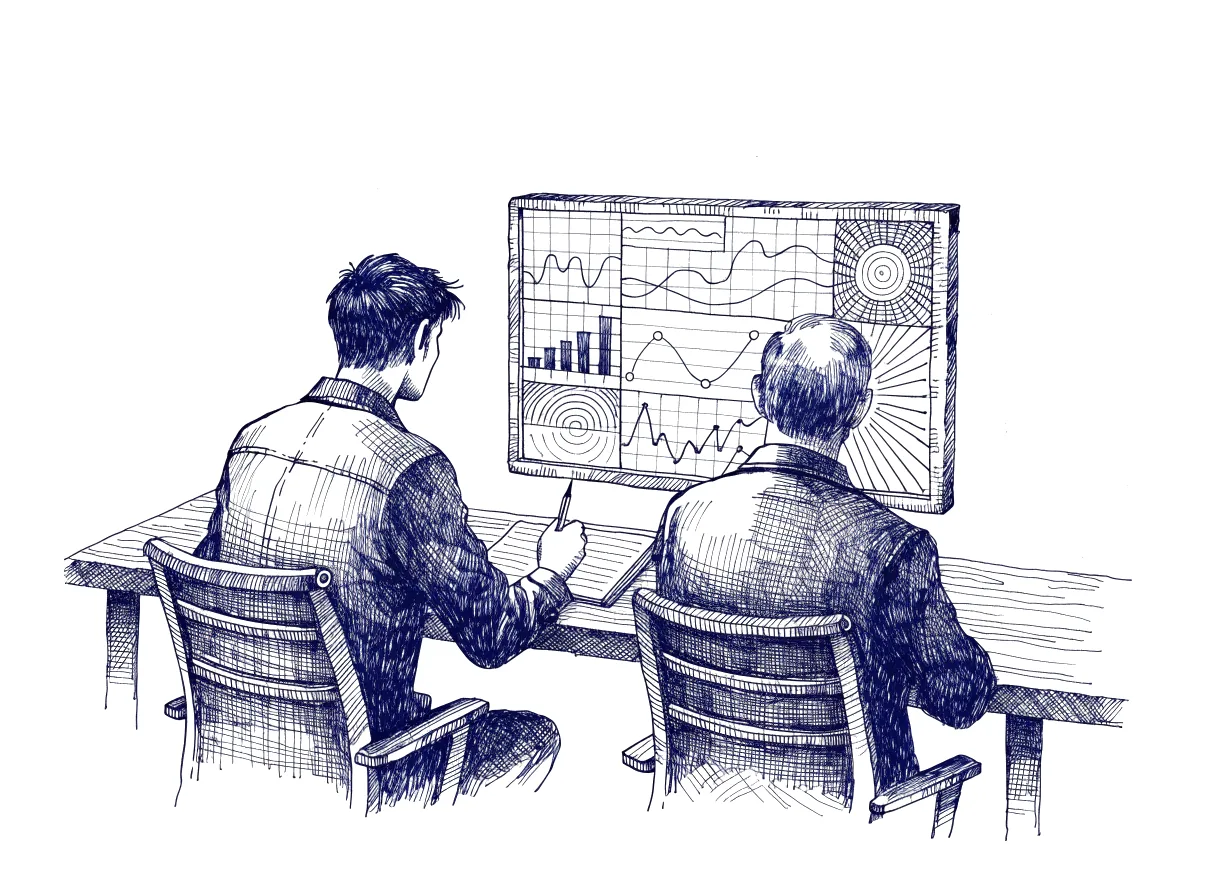 An engineer seen from behind at a desk beside a senior colleague, both facing a screen of performance graphs while one writes notes on a pad, the whole scene drawn with wide empty margins on every side.