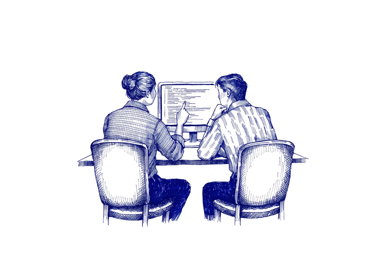 Two engineers seen from behind sitting side by side at one monitor, the older one pointing at a line of code while the younger one listens, the whole scene drawn with wide empty margins on every side.