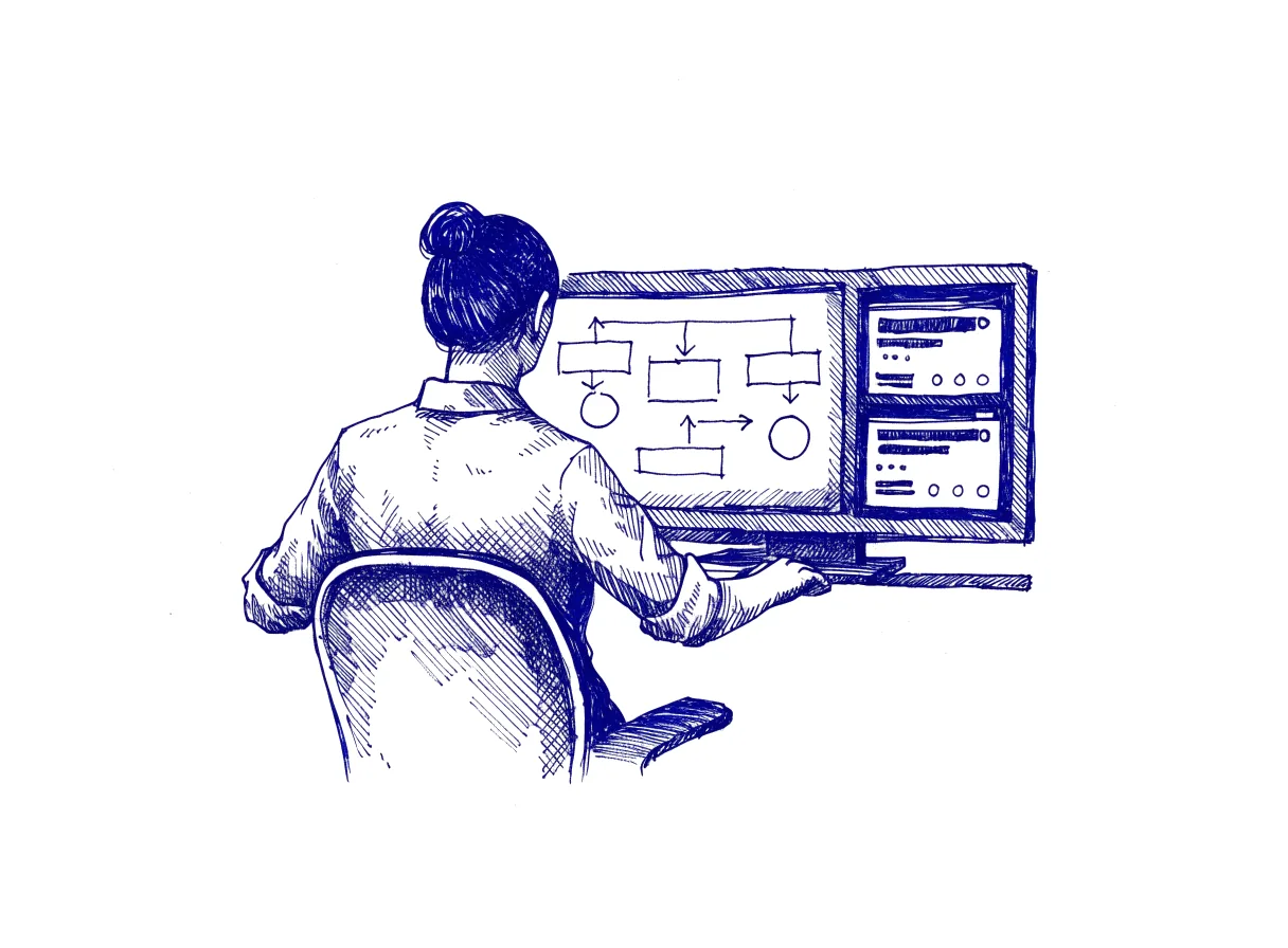 A developer seen from behind facing a wide monitor split into panels, one showing a flowchart and another showing two screenshots side by side, the whole scene drawn with wide empty margins on every side.