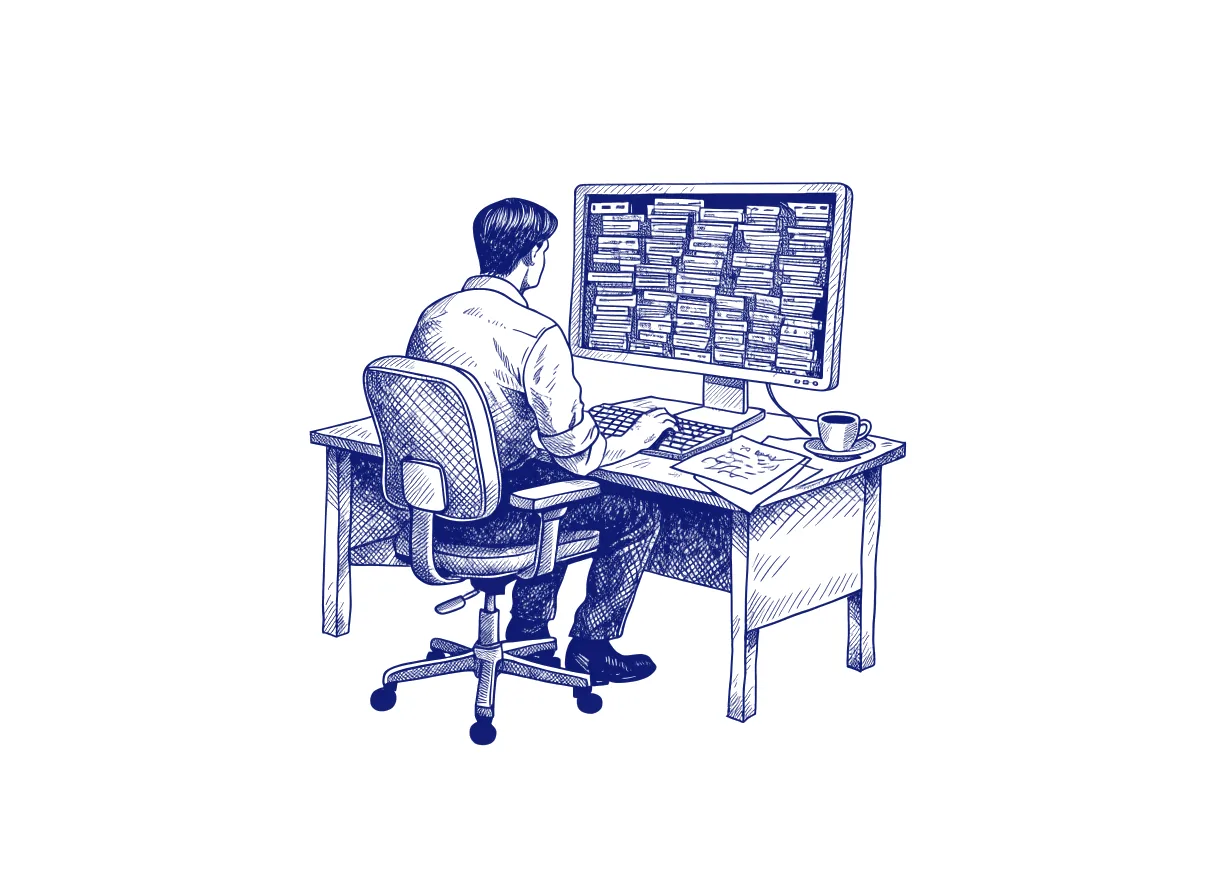 An engineer seen from behind at a desk, facing a monitor stacked with open pull requests and a cold cup of coffee by the keyboard, the whole scene drawn with wide empty margins on every side.