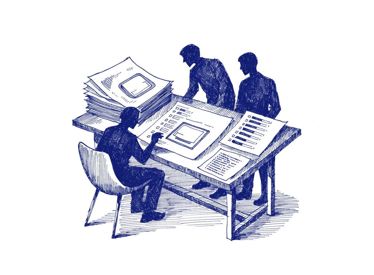 A small group in silhouette around a workshop table covered in paper sketches of a review screen with an overview panel, a file list ranked by risk and a close-up code view, the whole scene drawn with wide empty margins on every side.