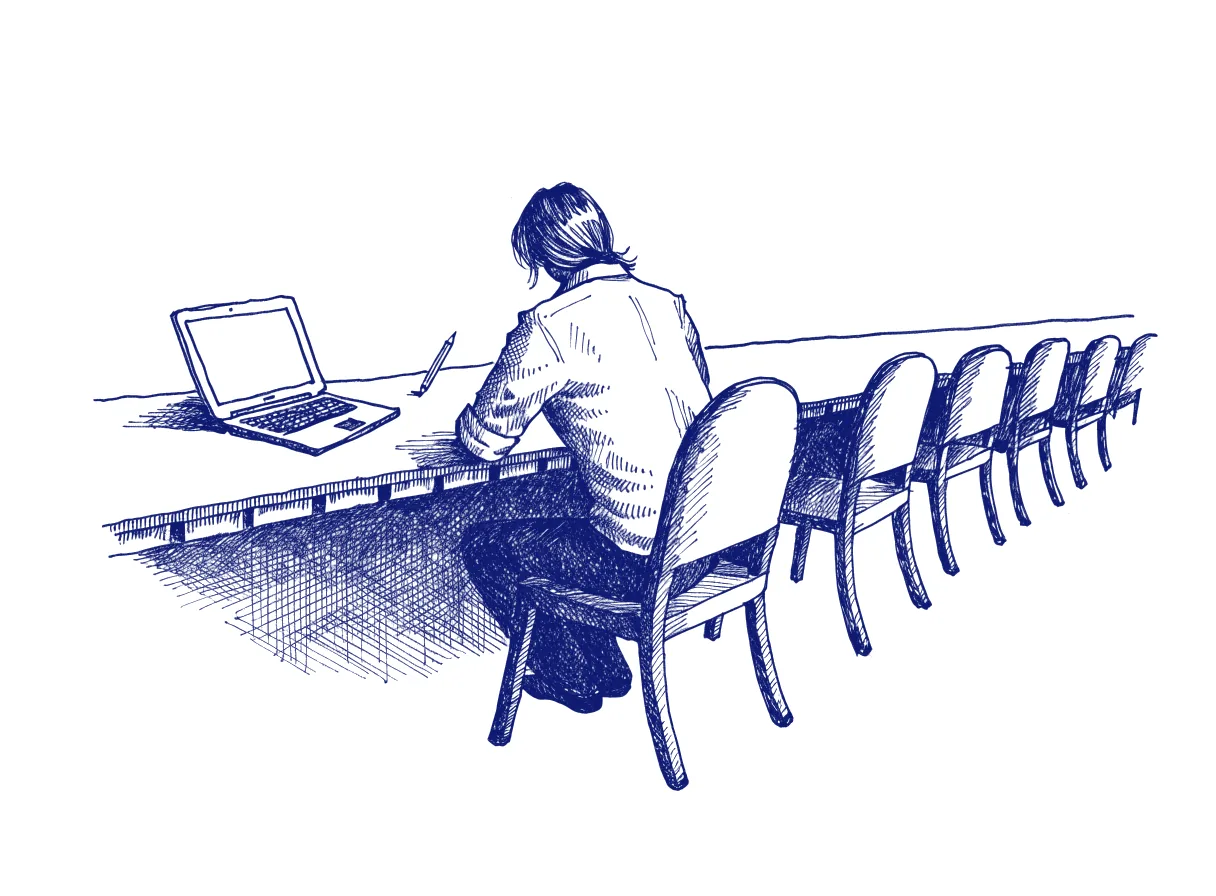 A programmer seen from behind setting a pencil down on a desk beside an open laptop, with a row of empty chairs along the same desk, the whole scene drawn with wide empty margins on every side.