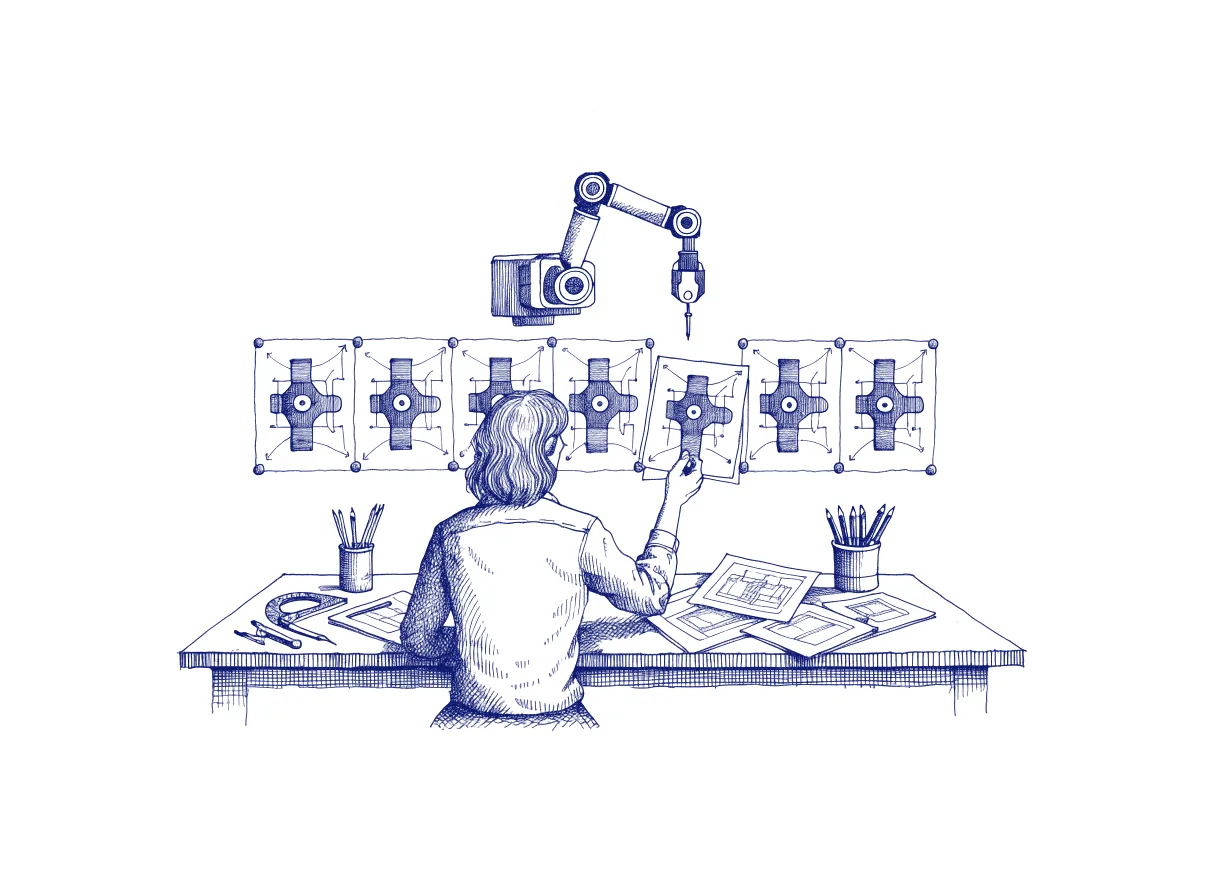 A designer seen from behind at a wide desk, holding one component sheet while a small robot arm pins annotated diagrams of the same component in a neat row on the wall, the whole scene drawn with wide empty margins on every side.