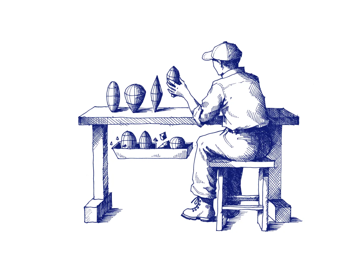 A designer seen from behind at a workbench, choosing one small model from a row of five while the other four sit in a discard tray, the whole scene drawn with wide empty margins on every side.