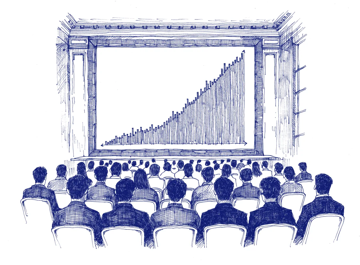A conference keynote hall in New York, rows of engineering leaders seen from behind facing a large screen that shows a steeply rising chart of pull requests, the whole scene drawn with wide empty margins on every side.