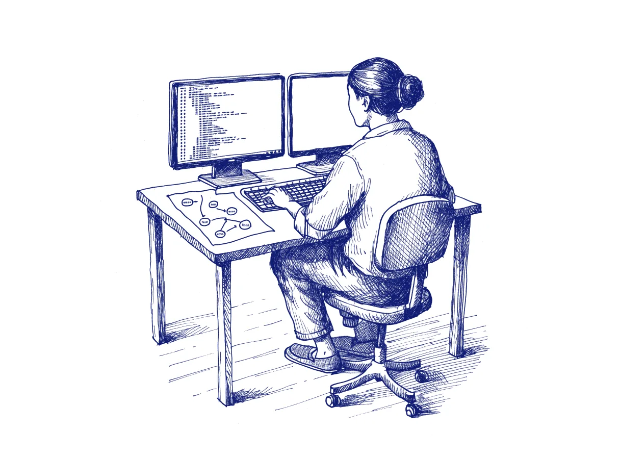 An engineer seen from behind at a desk with two monitors, one showing a long code diff, and a hand-drawn map of function calls on paper beside the keyboard, the whole scene drawn with wide empty margins on every side.