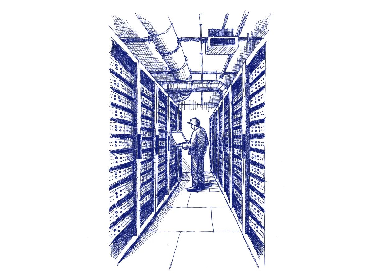 A long server room aisle at night with racks of blinking storage machines and one engineer seen from behind holding an open laptop, the whole scene drawn with wide empty margins on every side.
