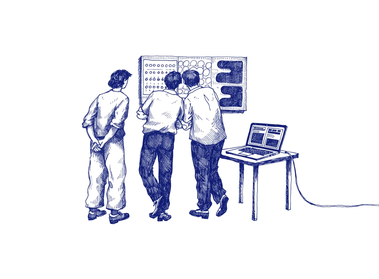 A small team seen from behind standing at a wall calendar marked in three blocks of days, weeks and months, with a laptop on a table running a prototype, the whole scene drawn with wide empty margins on every side.