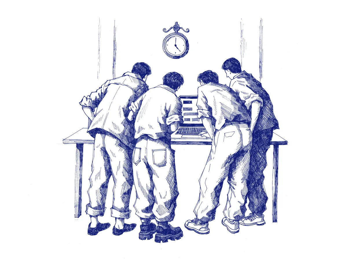 Four designers seen from behind standing close around one laptop on a high table, a working prototype on its screen, with a wall clock above them, the whole scene drawn with wide empty margins on every side.
