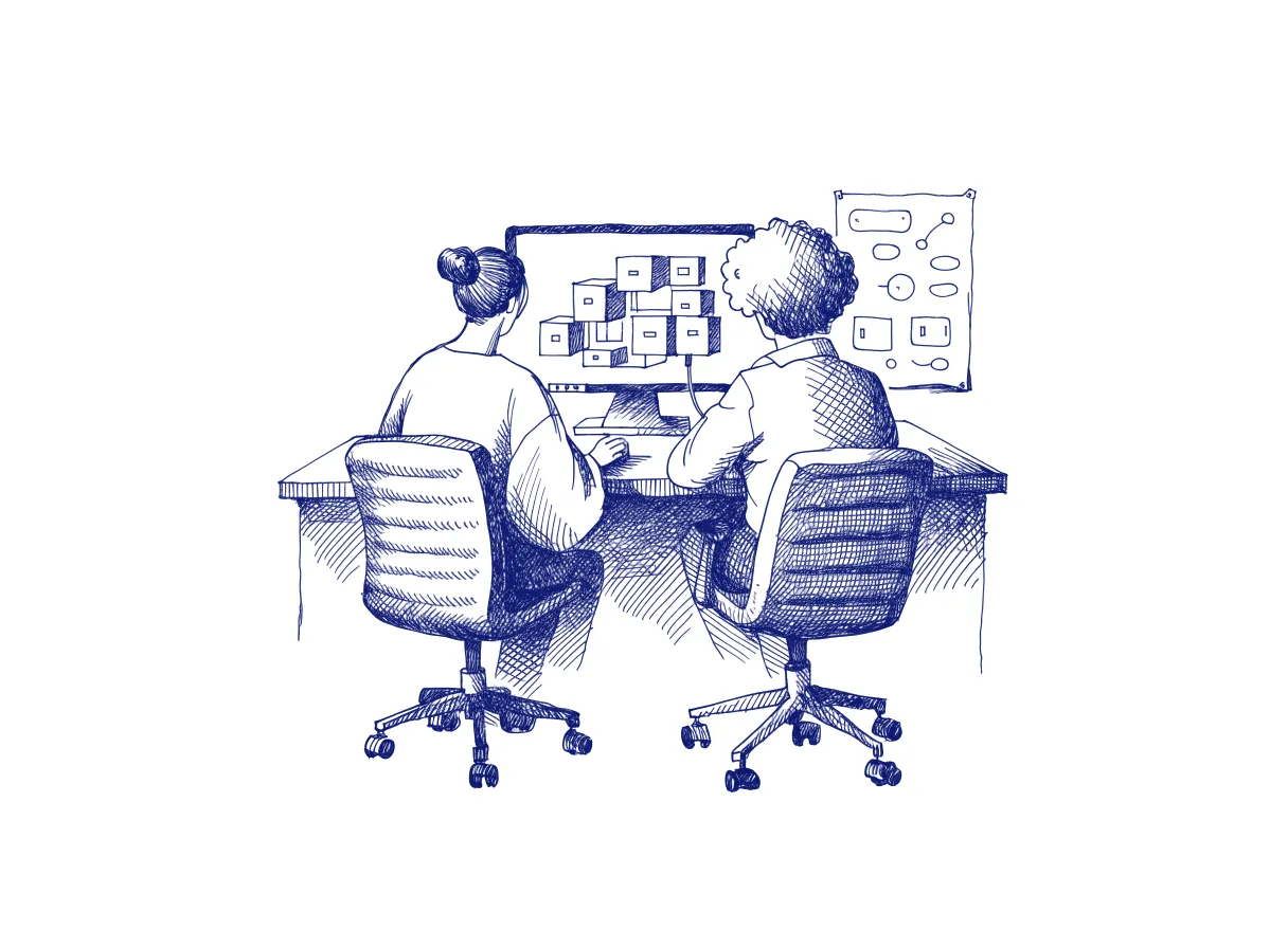 Two designers seen from behind at a shared desk, one screen showing a plain grey prototype made of boxes, and a printed sheet of decisions pinned beside it, the whole scene drawn with wide empty margins on every side.