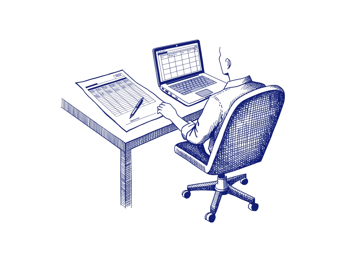 A product manager seen from behind at a desk, a printed monthly report with a pen resting on the approval line beside a laptop showing a planning board, the whole scene drawn with wide empty margins on every side.