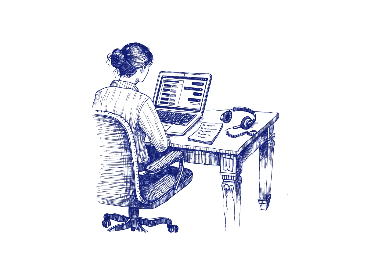 An employee seen from behind at a laptop with a support chat open, a headset on the desk beside a sticky note listing steps already tried, the whole scene drawn with wide empty margins on every side.